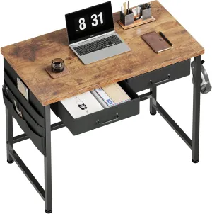 Ｍａｉｈａｉｌ Maihail Small Desk with Drawers, 31.5 inch Small Computer Desk, Writing Desk for Small Spaces, Small Office Desk with Metal Frame, Rustic Brown
