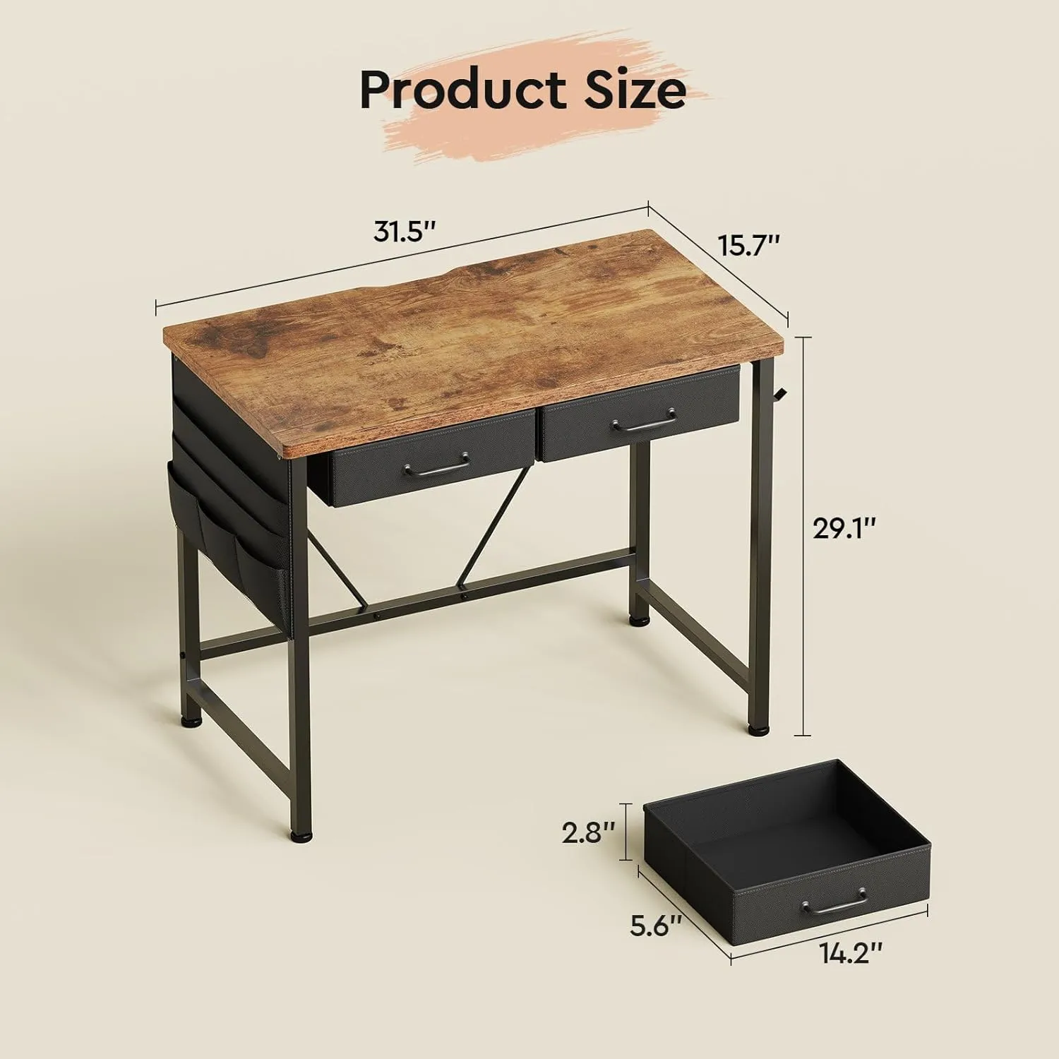 Ｍａｉｈａｉｌ Maihail Small Desk with Drawers, 31.5 inch Small Computer Desk, Writing Desk for Small Spaces, Small Office Desk with Metal Frame, Rustic Brown