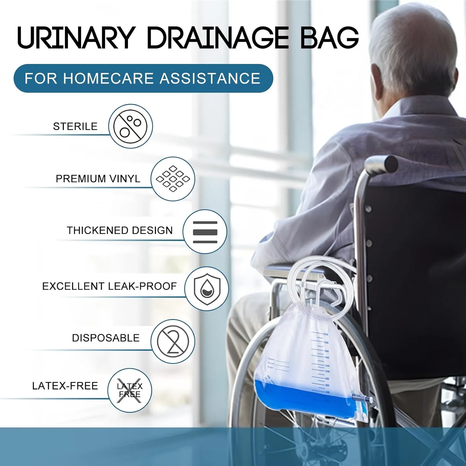 10Pack 2000ml Urinary Drainage Bag with Anti-Reflux Chamber, 48" Flexible Tube, Leak-Proof Drainage, with Clips and Hanging Hook for Home and Health Aids