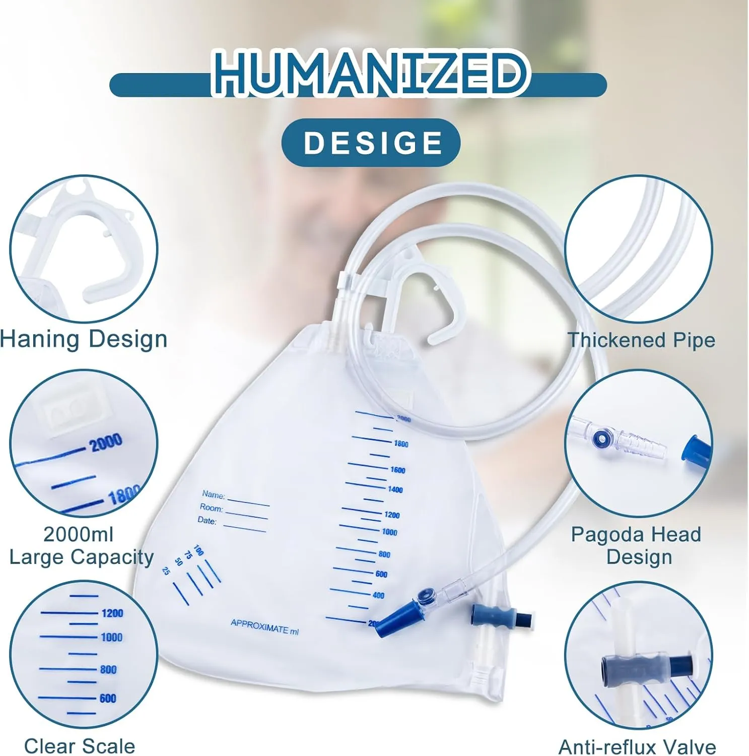10Pack 2000ml Urinary Drainage Bag with Anti-Reflux Chamber, 48" Flexible Tube, Leak-Proof Drainage, with Clips and Hanging Hook for Home and Health Aids
