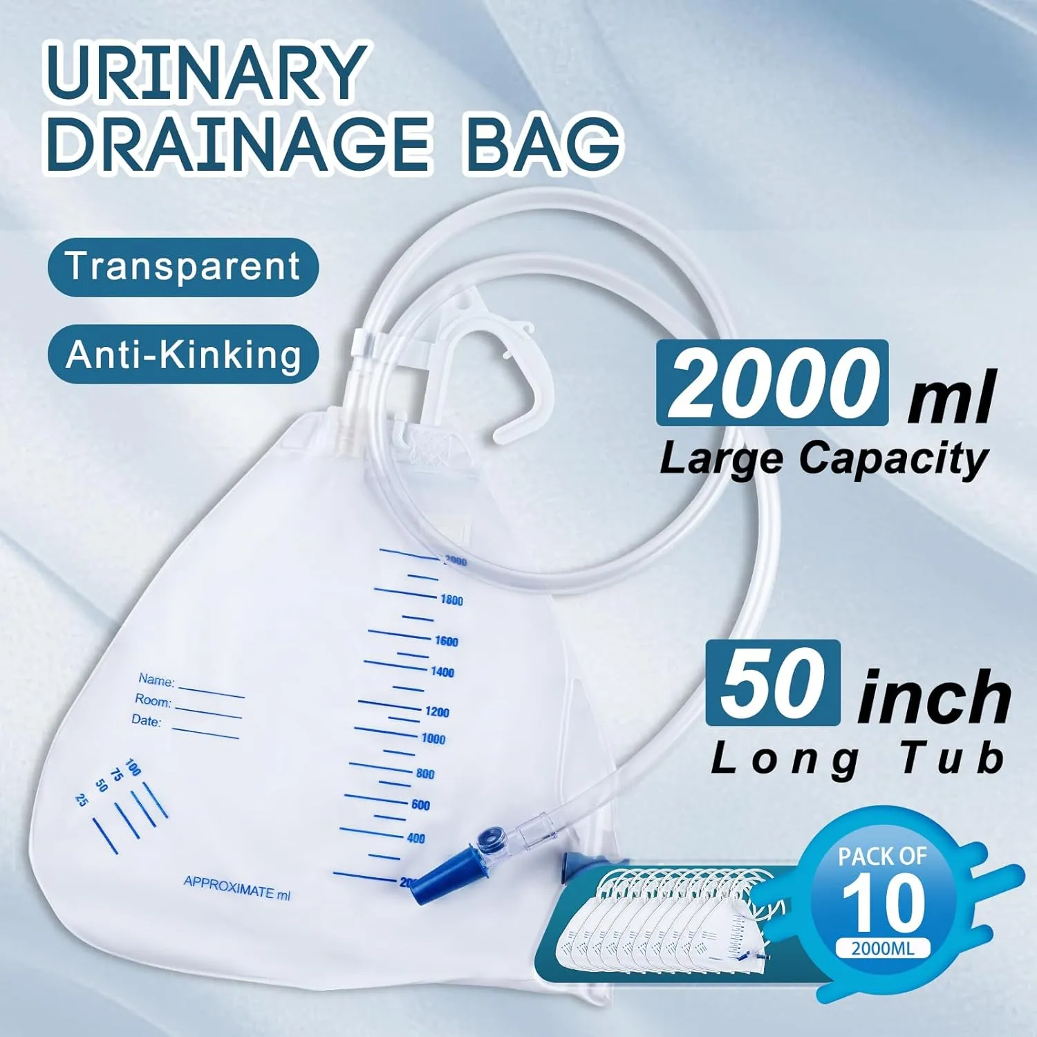 10Pack 2000ml Urinary Drainage Bag with Anti-Reflux Chamber, 48" Flexible Tube, Leak-Proof Drainage, with Clips and Hanging Hook for Home and Health Aids