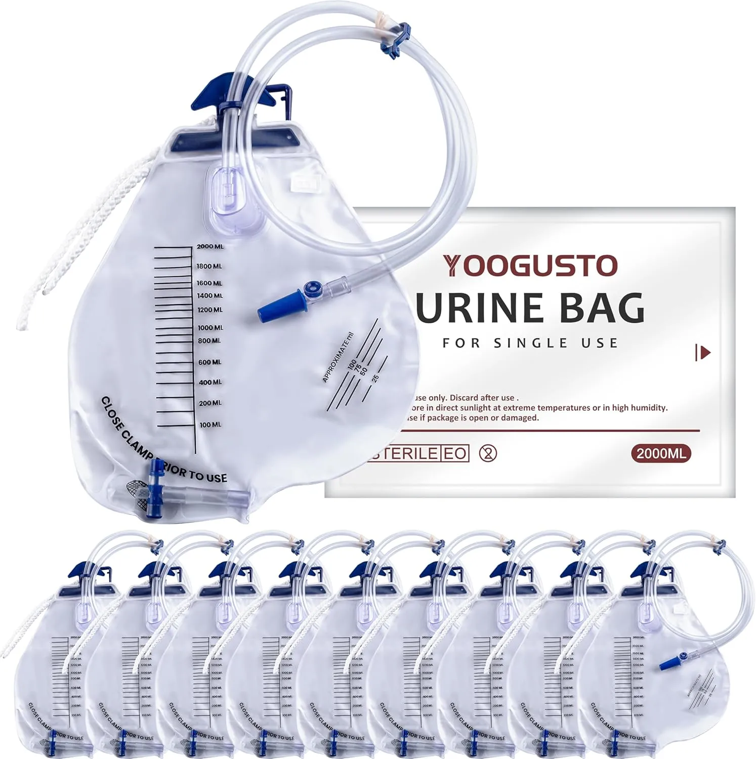 10Pcs 2000ml Urinary Drainage Bag with Anti-Reflux Chamber, 48" Flexible Tube, Leak-Proof Drainage, with Clips and Hanging Hook for Home and Health Aids