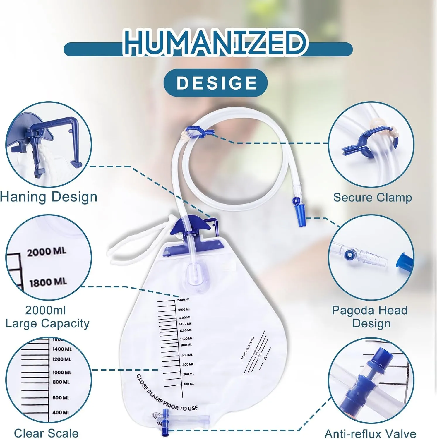 10Pcs 2000ml Urinary Drainage Bag with Anti-Reflux Chamber, 48" Flexible Tube, Leak-Proof Drainage, with Clips and Hanging Hook for Home and Health Aids