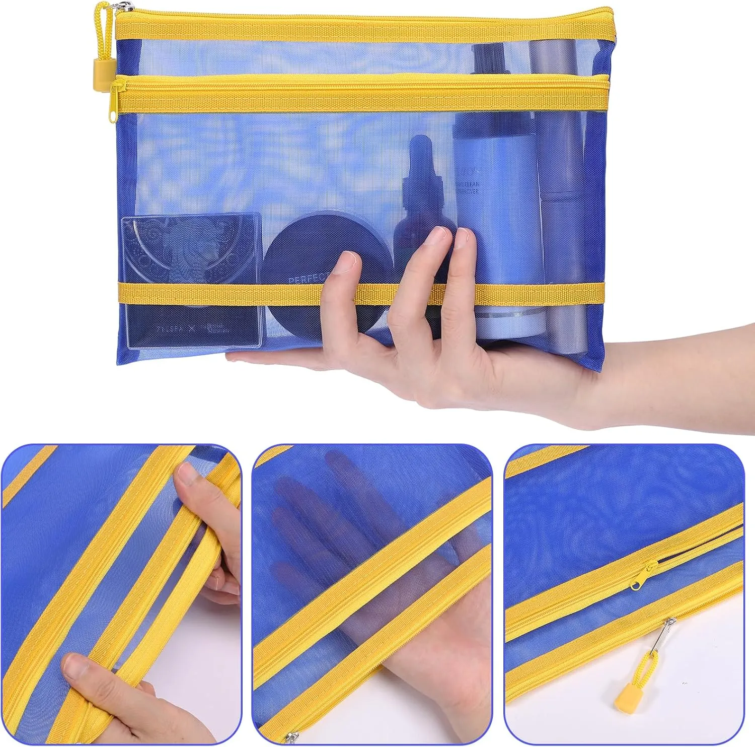 12 Pieces Zipper Nylon Mesh Pouch, Mesh Cosmetic Bags Makeup Bags Pencil Case, Multipurpose Travel Bags for Cosmetic School Office Supplies and Travel Accessories (2 Layers-Blue, A5)