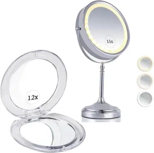 12X/1X Square Double Sided Magnifying Mini Compact Makeup Mirror for Travel - Portable, Handheld (Round) & 15X & 1X Magnifying Makeup Mirror with 3 Lighting Modes, Rechargeable Battery Bundle