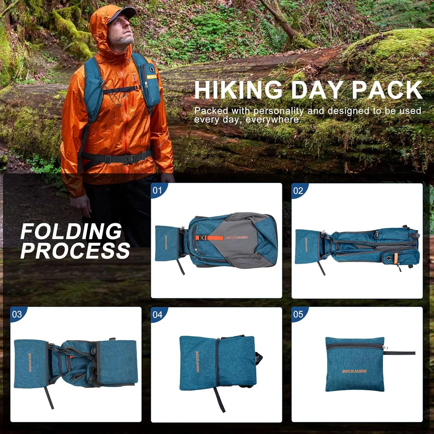 15L Small Hiking Backpack for Men Women Foldable Packable Back Pack Ultralight Hiking Daypack for Travel Camping Outdoor, Turquoise