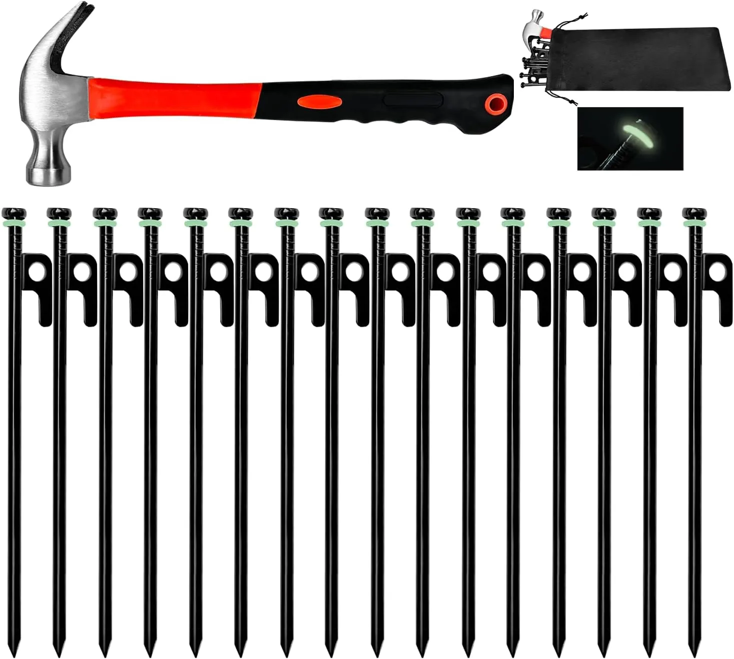 16/24/32Pcs Tent Stake with Hammer Set, 8in/12in/16in Heavy Duty Steel Tent Stakes, Forged Steel, Black, Metal, Straight, 16Pcs 8in Stakes Hammer