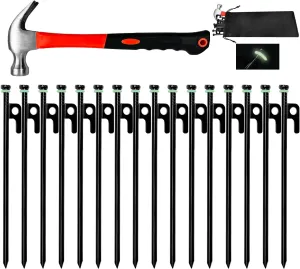 16/24/32Pcs Tent Stake with Hammer Set, 8in/12in/16in Heavy Duty Steel Tent Stakes, Forged Steel, Black, Metal, Straight, 16Pcs 8in Stakes Hammer