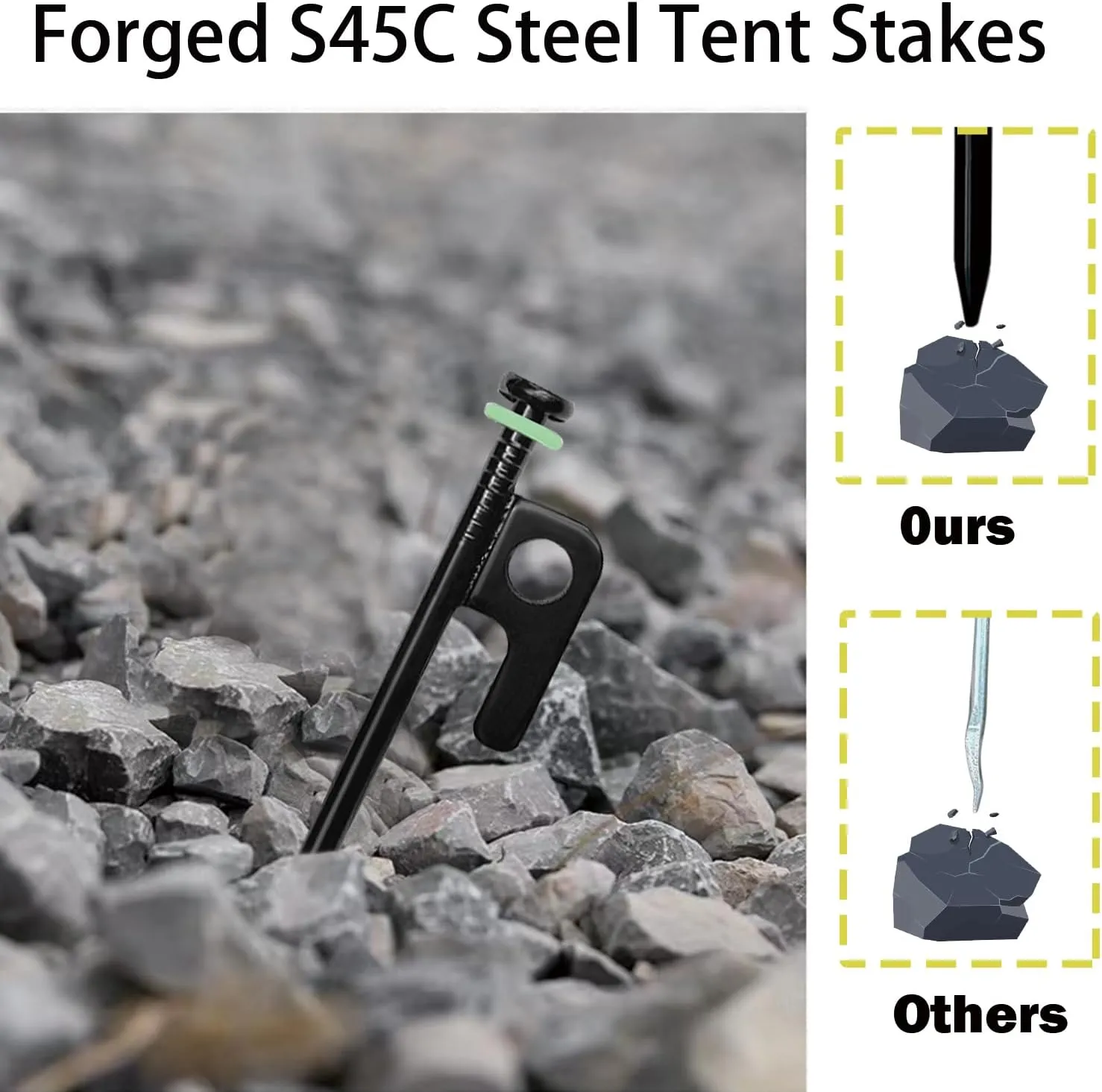 16/24/32Pcs Tent Stake with Hammer Set, 8in/12in/16in Heavy Duty Steel Tent Stakes, Forged Steel, Black, Metal, Straight, 16Pcs 8in Stakes Hammer