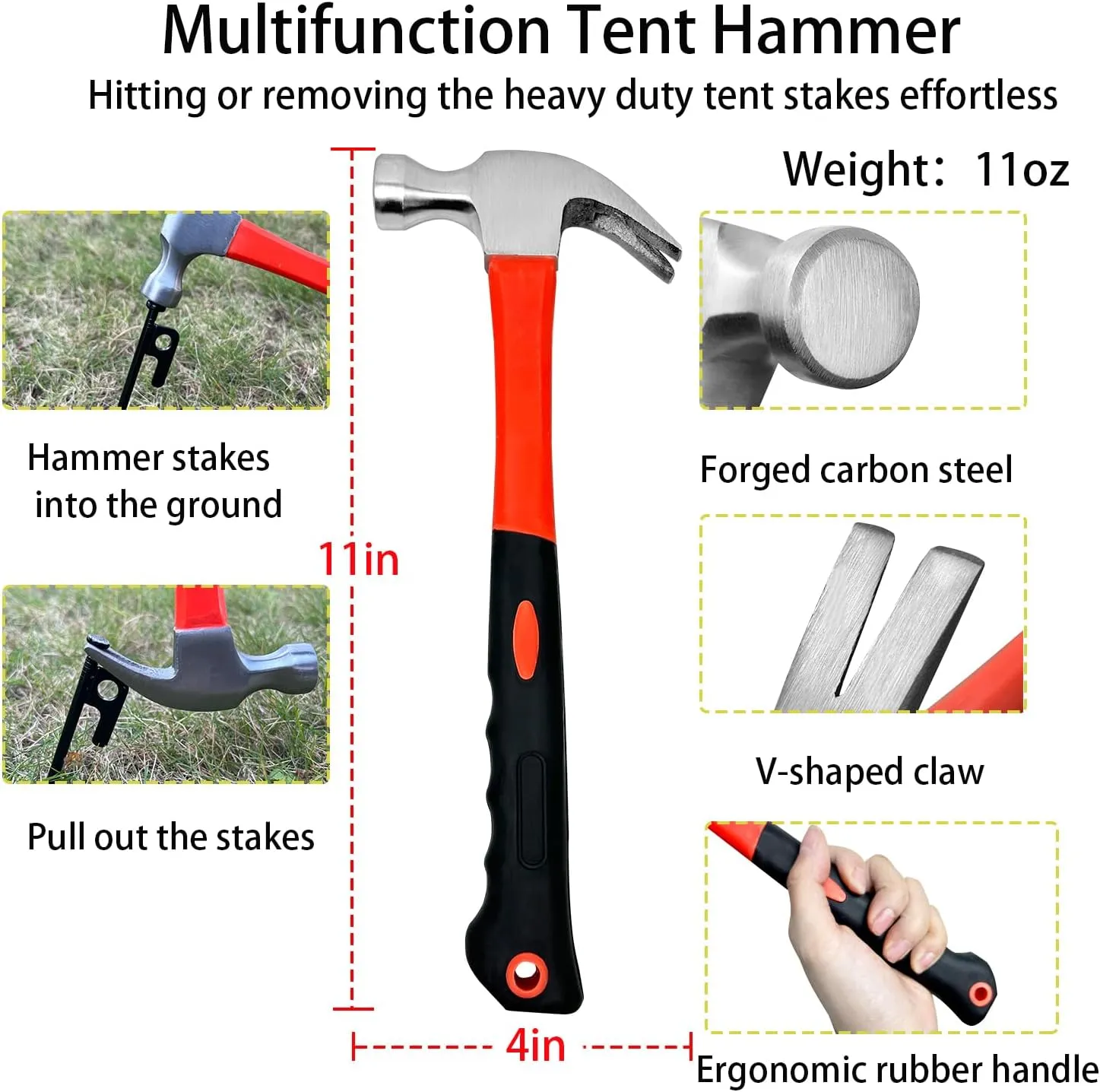 16/24/32Pcs Tent Stake with Hammer Set, 8in/12in/16in Heavy Duty Steel Tent Stakes, Forged Steel, Black, Metal, Straight, 16Pcs 8in Stakes Hammer