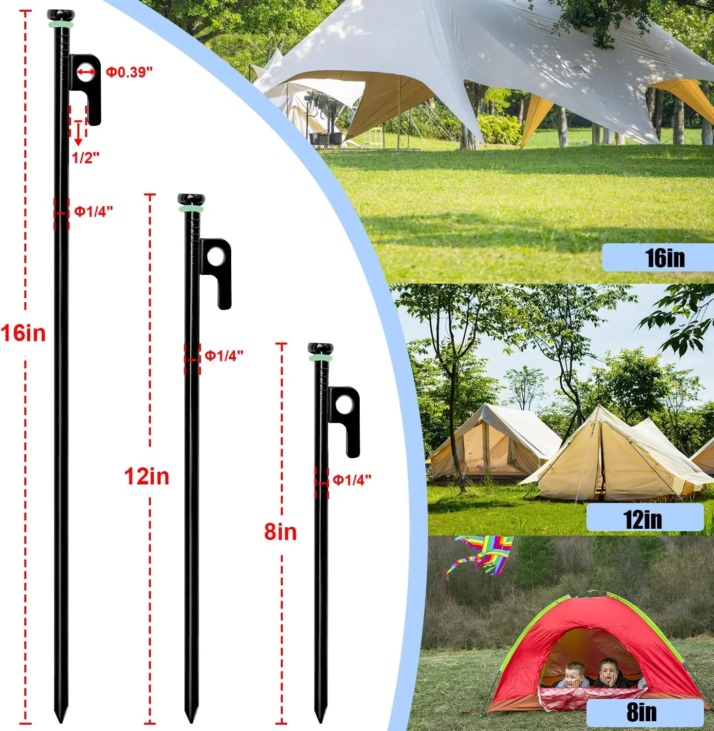 16/24/32Pcs Tent Stake with Hammer Set, 8in/12in/16in Heavy Duty Steel Tent Stakes, Forged Steel, Black, Metal, Straight, 16Pcs 8in Stakes Hammer