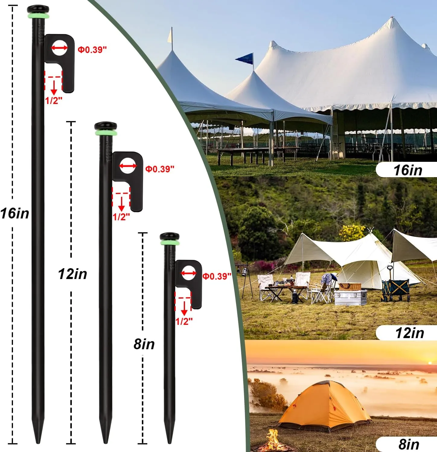 16Pcs Tent Stakes, 8in Heavy Duty Tent Stakes with Storage Pouch, Dia 0.35" Forged Steel Stakes for Tent Used on Rocks, Grassland, Snowfield(16Pcs 8in Stakes)