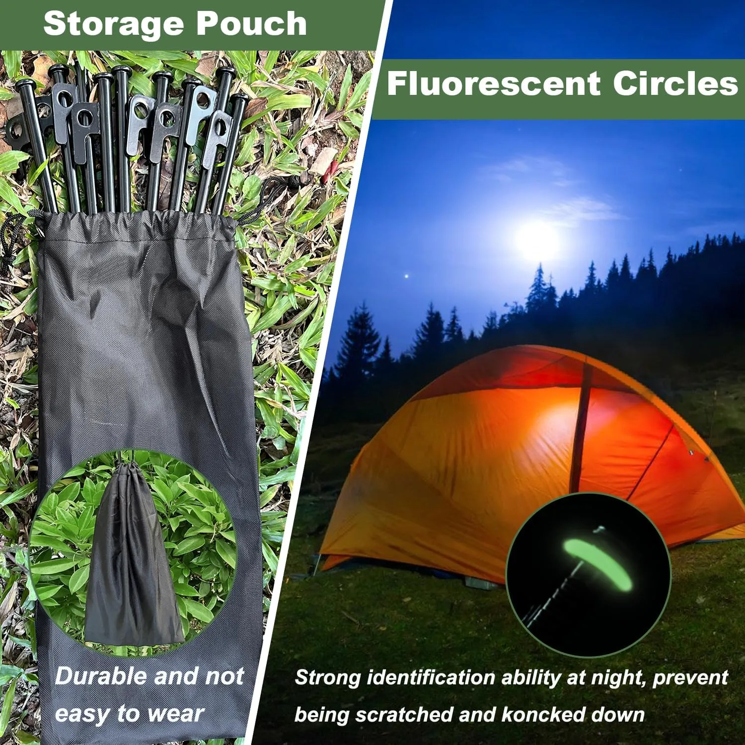 16Pcs Tent Stakes, 8in Heavy Duty Tent Stakes with Storage Pouch, Dia 0.35" Forged Steel Stakes for Tent Used on Rocks, Grassland, Snowfield(16Pcs 8in Stakes)