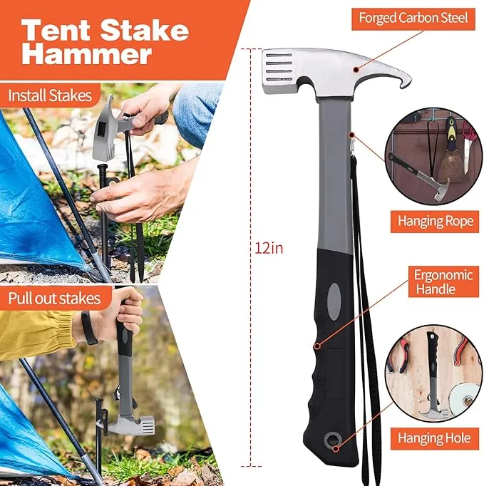 16pcs Tent Stakes and Hammer Set, 10in Heavy Duty Forged Steel Tent Stakes   Camping Hammer   Storage Pouch, Available in Rocky Place (16pcs 10in Stakes Hammer)