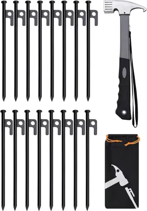 16pcs Tent Stakes and Hammer Set, 10in Heavy Duty Forged Steel Tent Stakes   Camping Hammer   Storage Pouch, Available in Rocky Place (16pcs 10in Stakes Hammer)