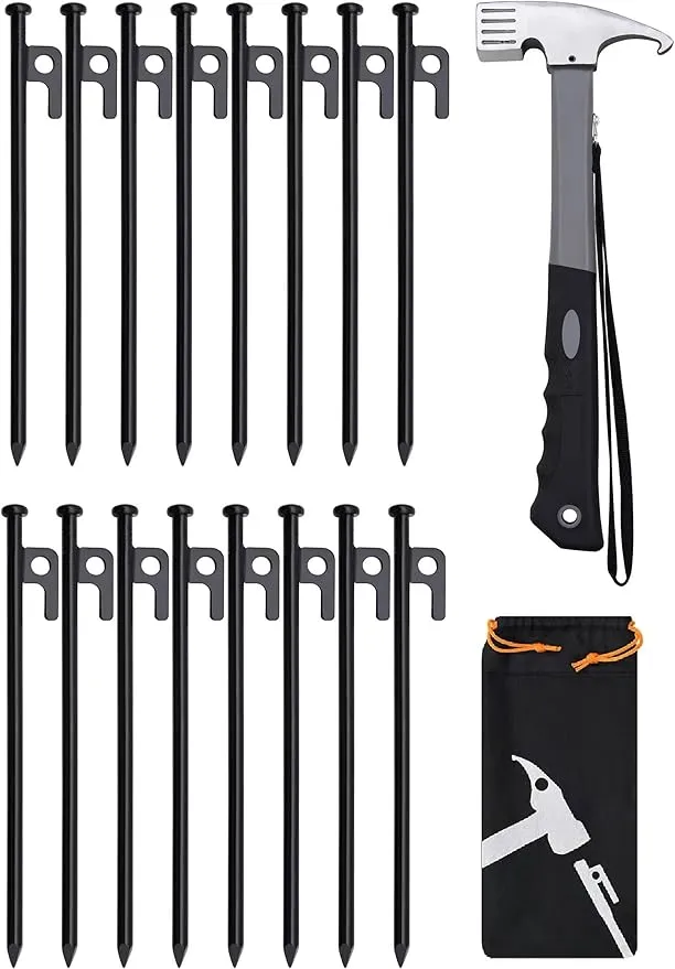 16pcs Tent Stakes and Hammer Set, 10in Heavy Duty Forged Steel Tent Stakes   Camping Hammer   Storage Pouch, Available in Rocky Place (16pcs 10in Stakes Hammer)