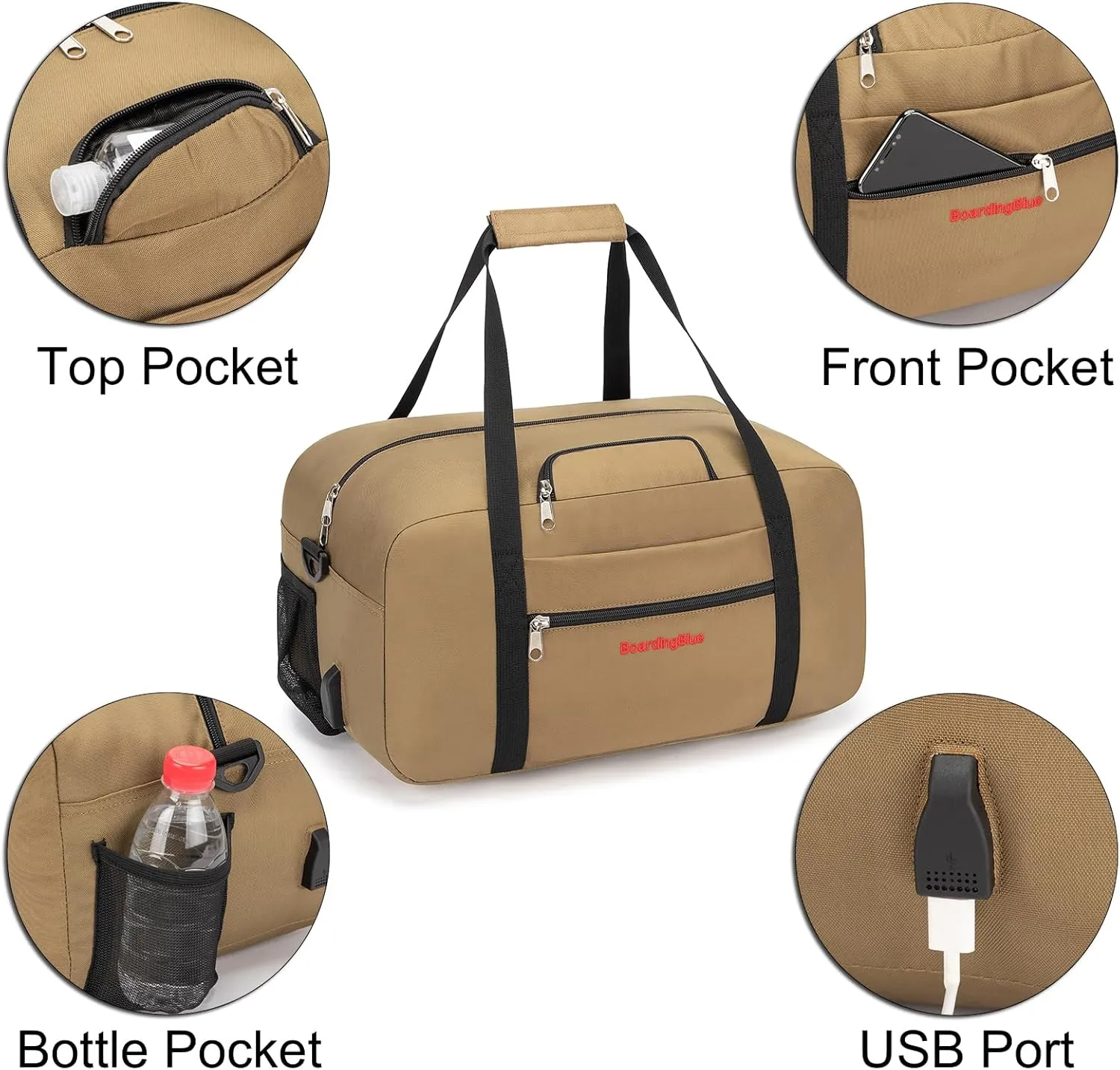 17x10x9 United Airline Personal Item Under Seat Duffel Bag With Free Pillow And USB Port (Beige)