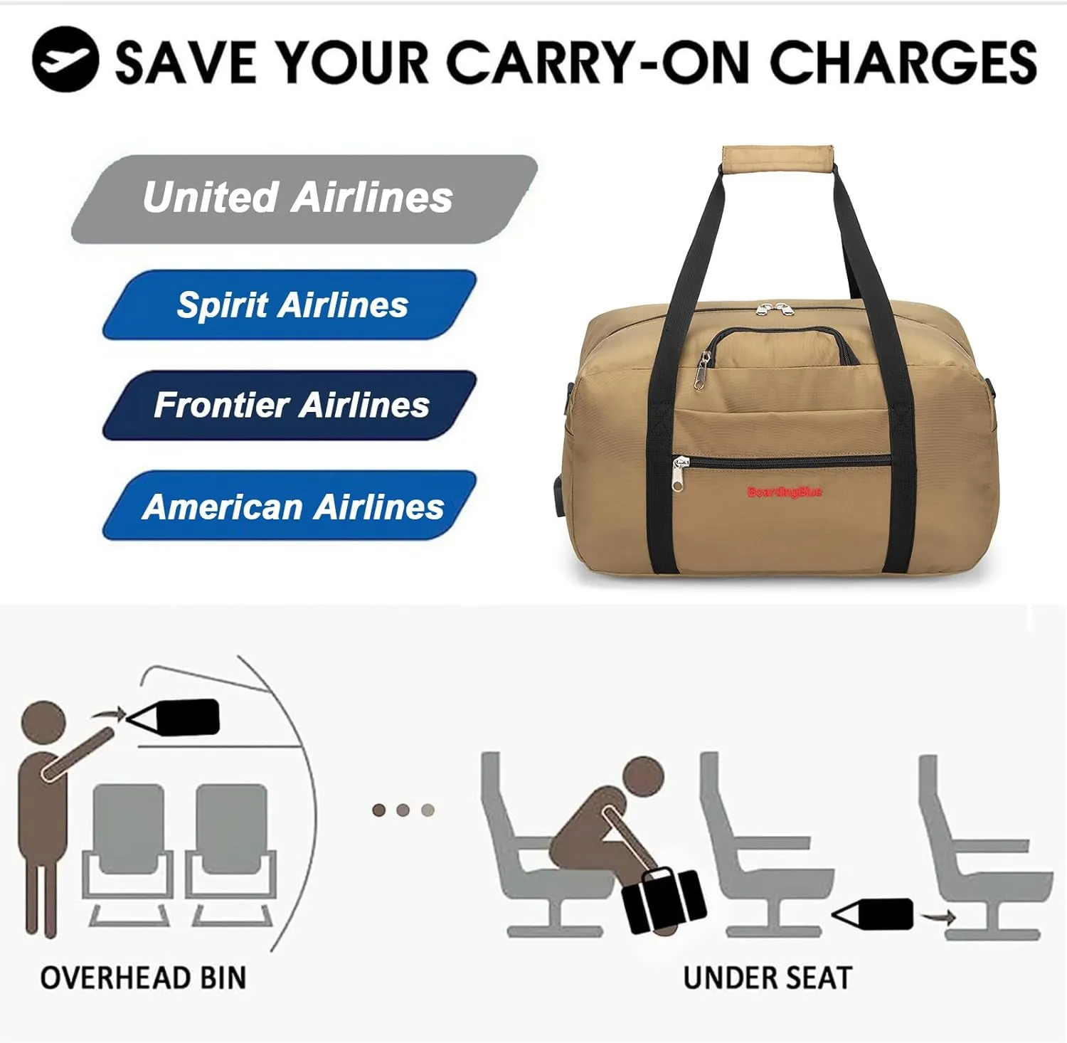 17x10x9 United Airline Personal Item Under Seat Duffel Bag With Free Pillow And USB Port (Beige)