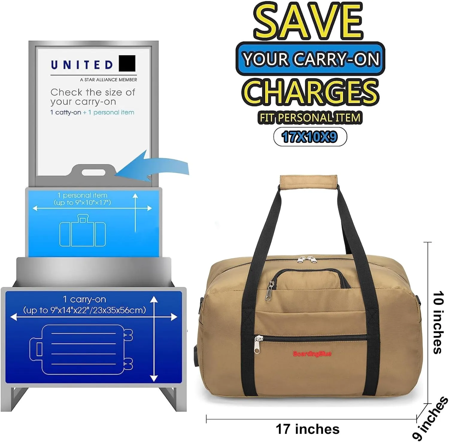 17x10x9 United Airline Personal Item Under Seat Duffel Bag With Free Pillow And USB Port (Beige)