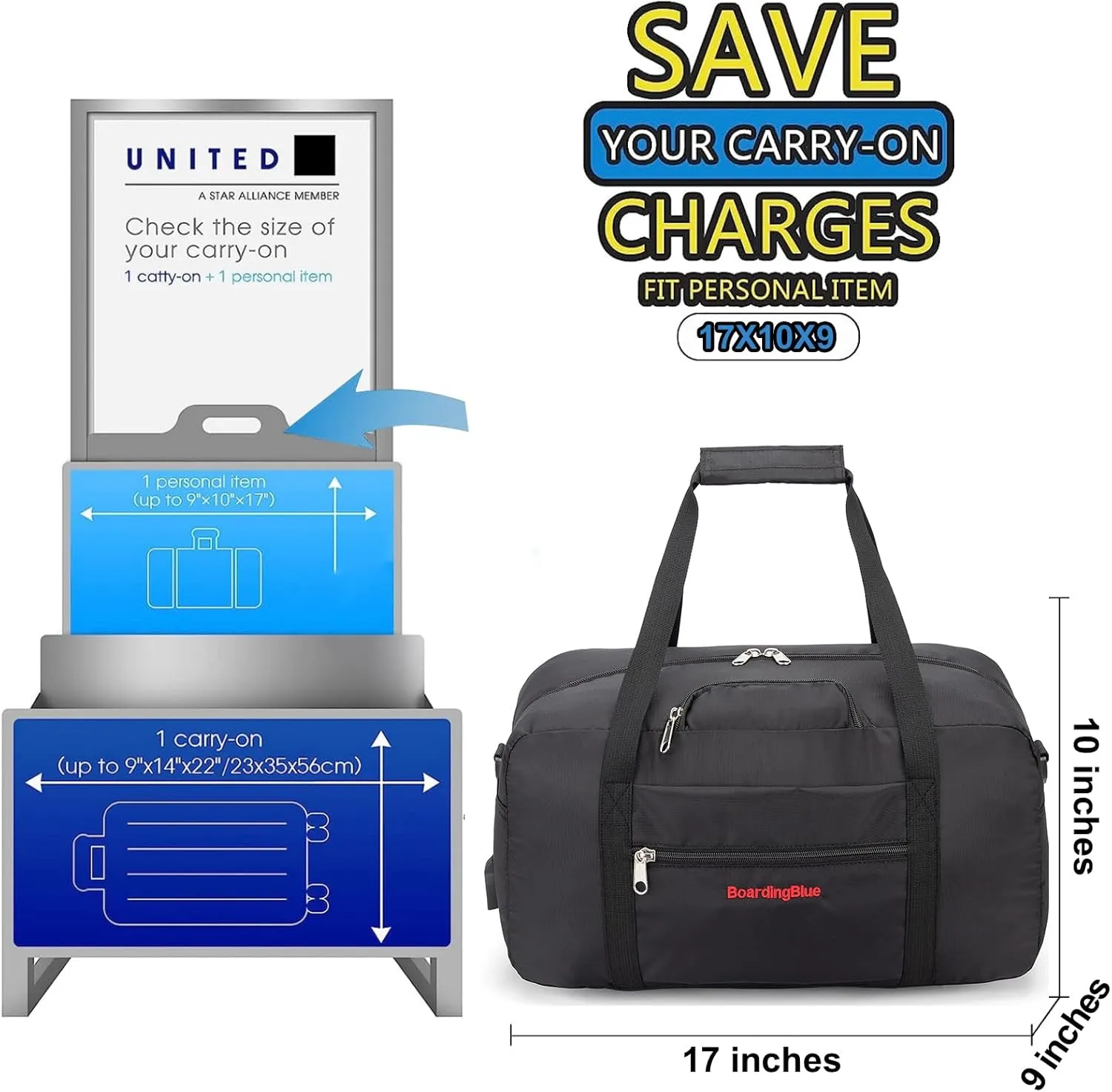 17x10x9 United Airline Personal Item Under Seat Duffel Bag With Free Pillow And USB Port (Black)