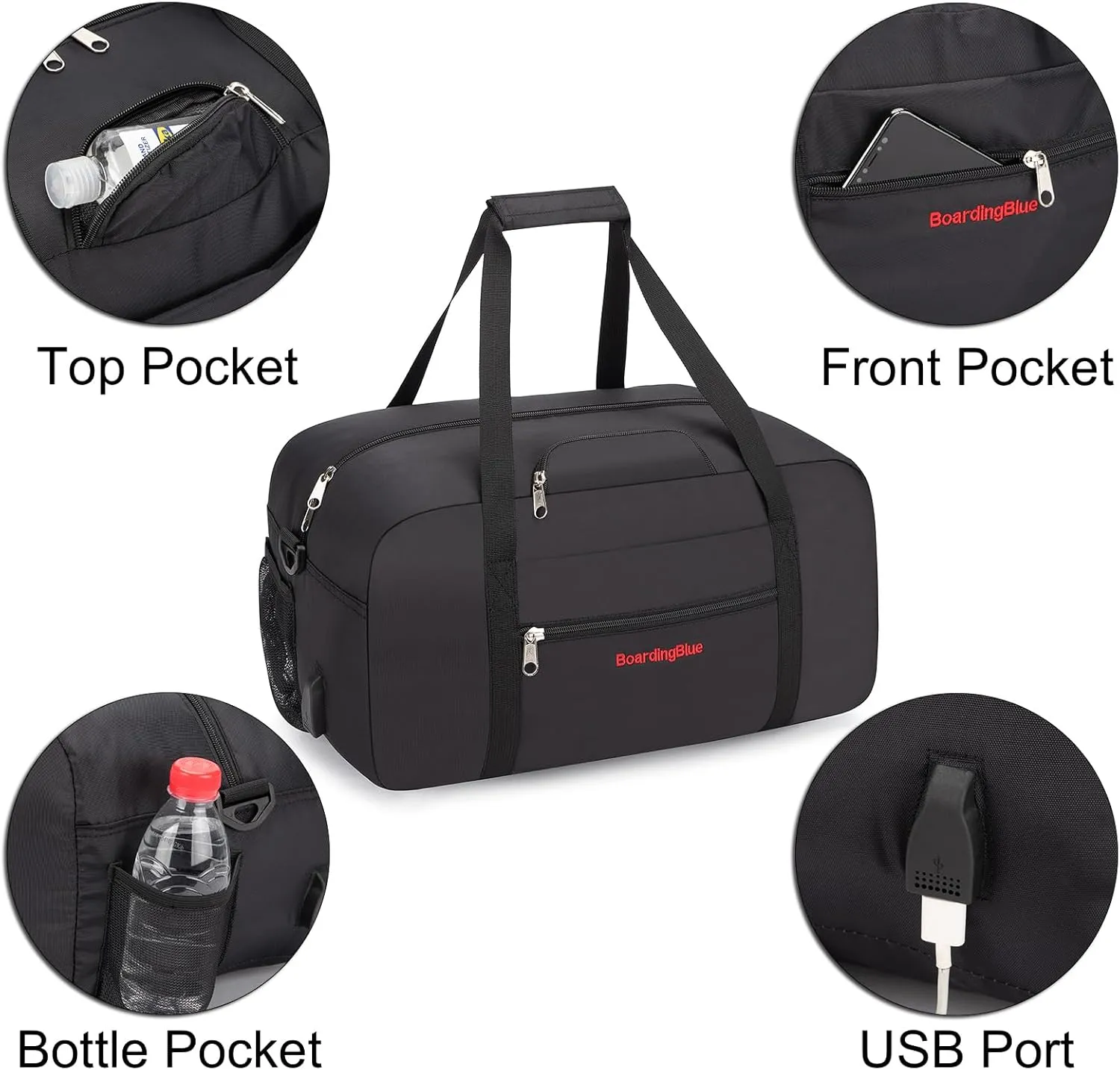 17x10x9 United Airline Personal Item Under Seat Duffel Bag With Free Pillow And USB Port (Black)