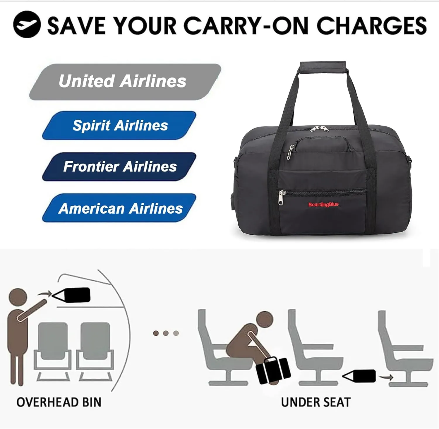 17x10x9 United Airline Personal Item Under Seat Duffel Bag With Free Pillow And USB Port (Black)