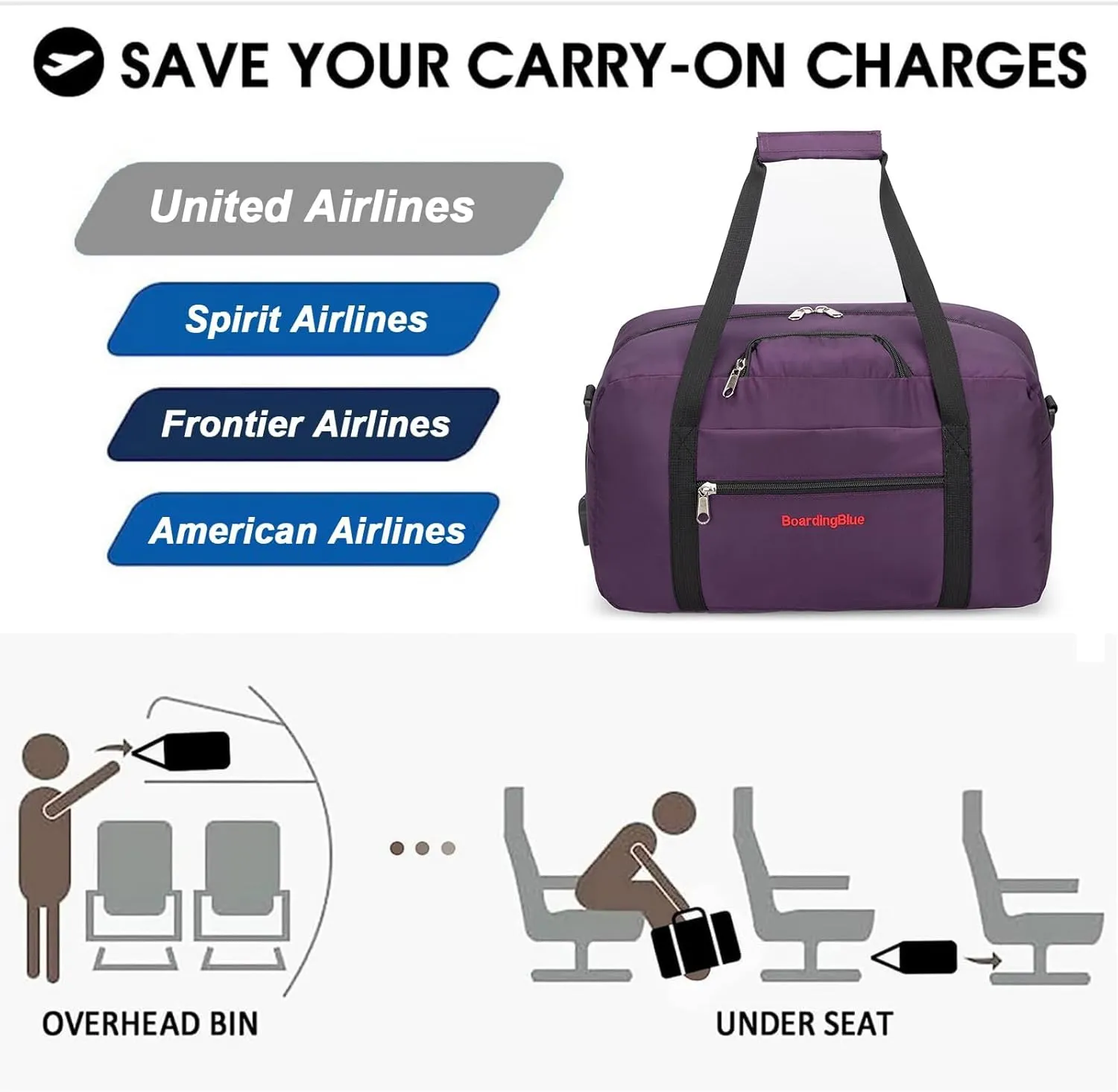 17x10x9 United Airline Personal Item Under Seat Duffel Bag With Free Pillow And USB Port (Purple)
