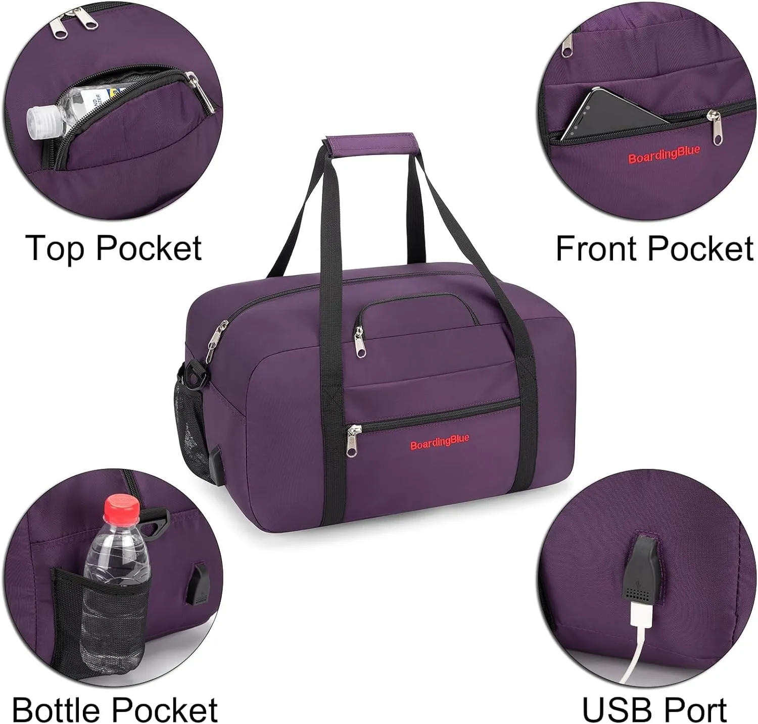 17x10x9 United Airline Personal Item Under Seat Duffel Bag With Free Pillow And USB Port (Purple)