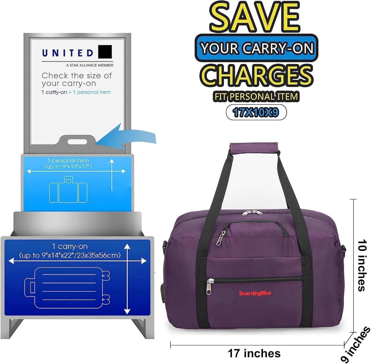 17x10x9 United Airline Personal Item Under Seat Duffel Bag With Free Pillow And USB Port (Purple)