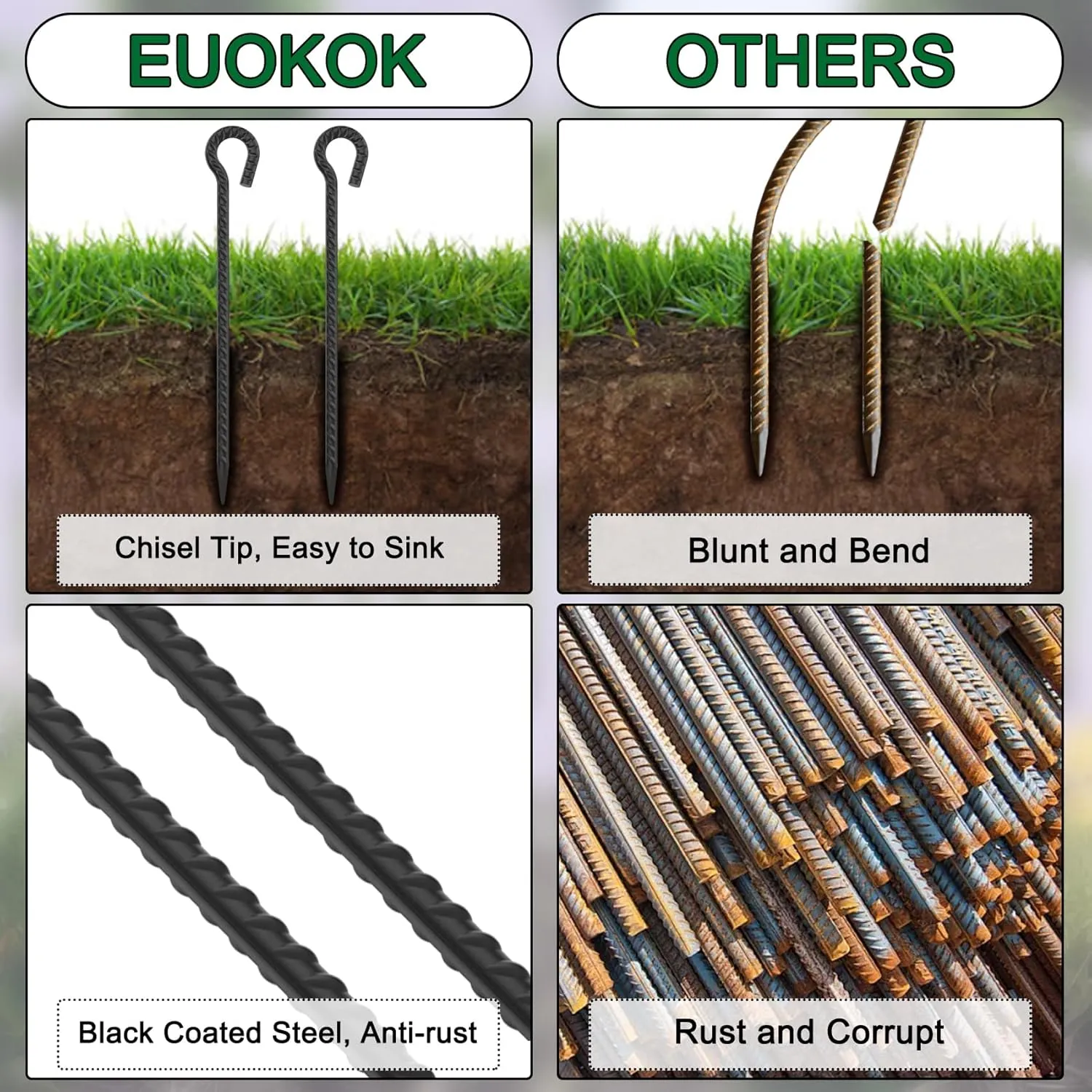 18 Inch Rebar Stakes with Loop 12 Pack Tent Stakes Heavy Duty 1/2 Inch Diameter Metal Tree Stakes and Supports, Rope Stakes for Walkway Fence Trampoline Outdoor Camping, Black