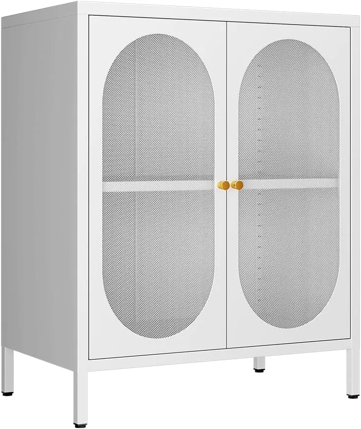 2 Door Mesh Accent Storage Cabinet for Bedroom, Bedside, Office Room-Metal Locker Cabinet with 1 Adjustable Shelves (mesh Door, White)