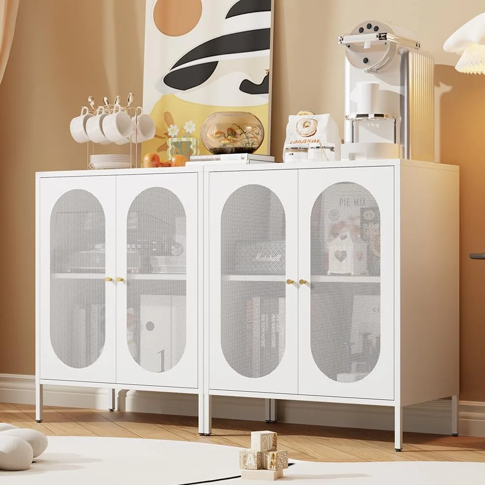 2 Door Mesh Accent Storage Cabinet for Bedroom, Bedside, Office Room-Metal Locker Cabinet with 1 Adjustable Shelves (mesh Door, White)