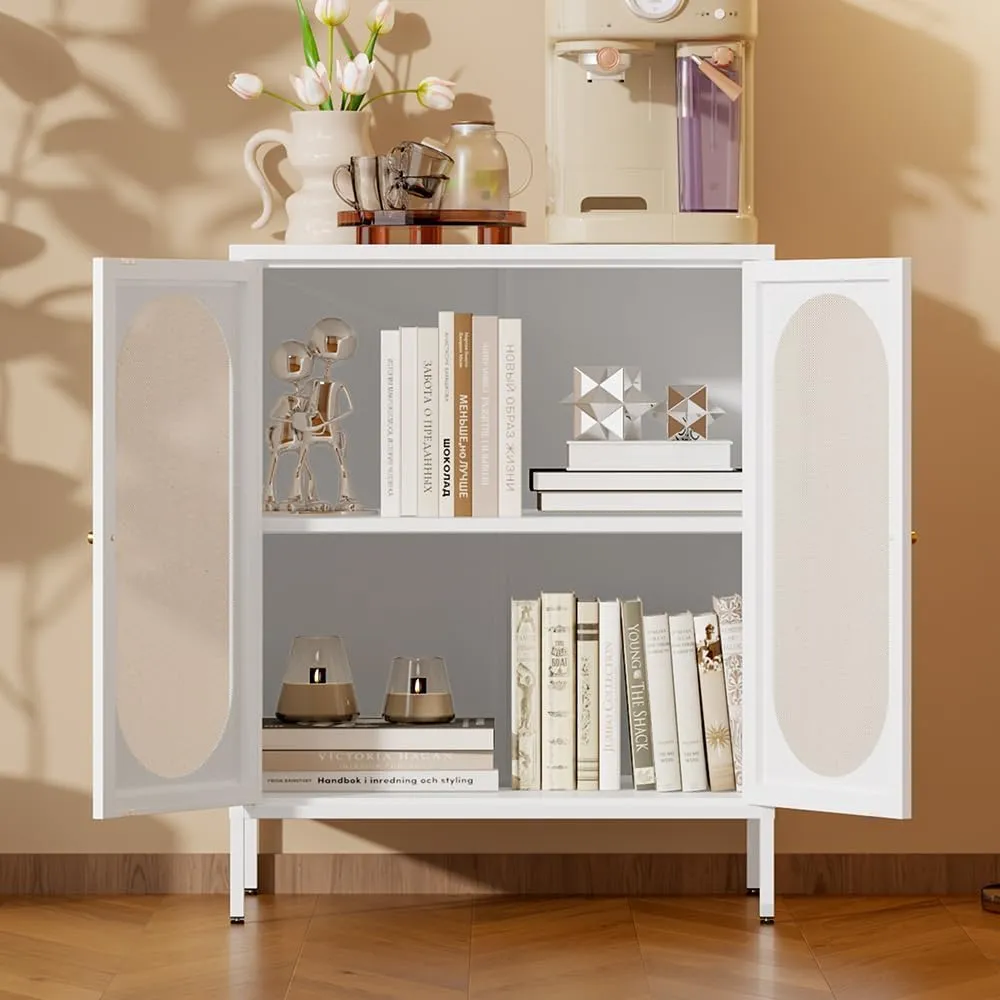 2 Door Mesh Accent Storage Cabinet for Bedroom, Bedside, Office Room-Metal Locker Cabinet with 1 Adjustable Shelves (mesh Door, White)