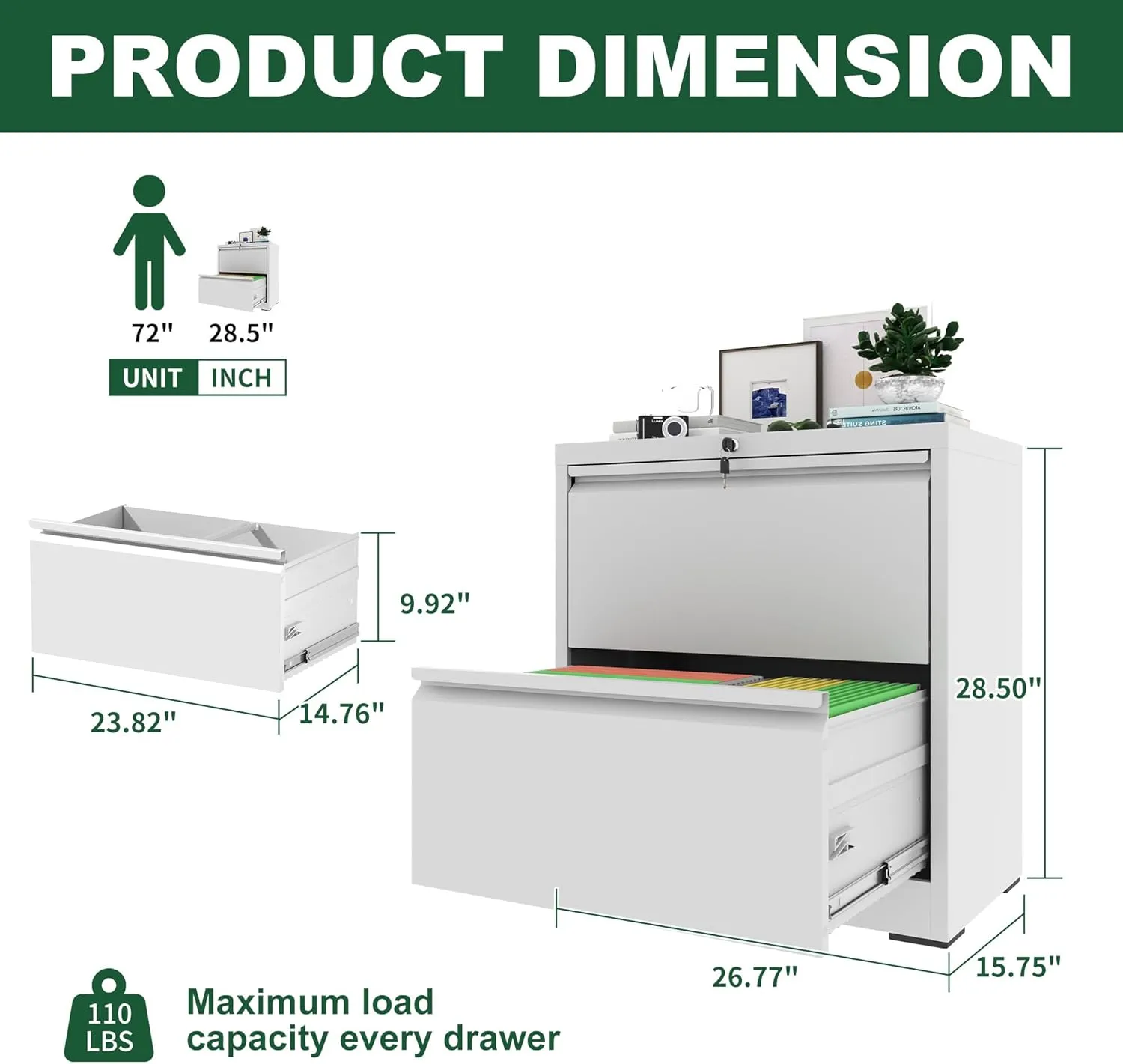 2-Drawer Metal Lateral File Cabinet Printer Stand with Lock - Heavy-Duty Steel,Anti-Tip Design,Quiet Ball-Bearing Slides,Fits Letter/Legal/A4/F4 - Easy Assembly, Home Office Storage Solution (White)