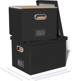 2 Pack File Storage Organizer Box, Portable Filing With Lid, Fit for Letter/Legal Folder Storage, Black