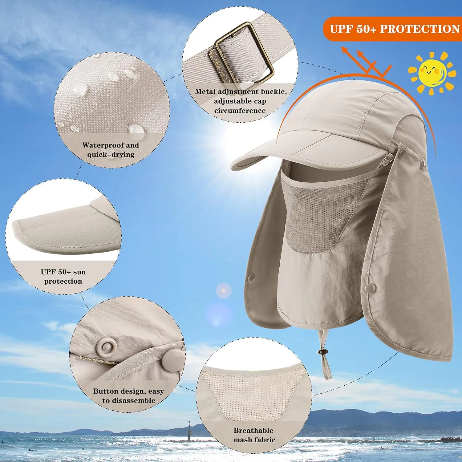 2 Pcs Sun Hats for Men Women UPF 50  Fishing Outdoor Hiking UV Protection Hat with Removable Neck Flap Face Mask