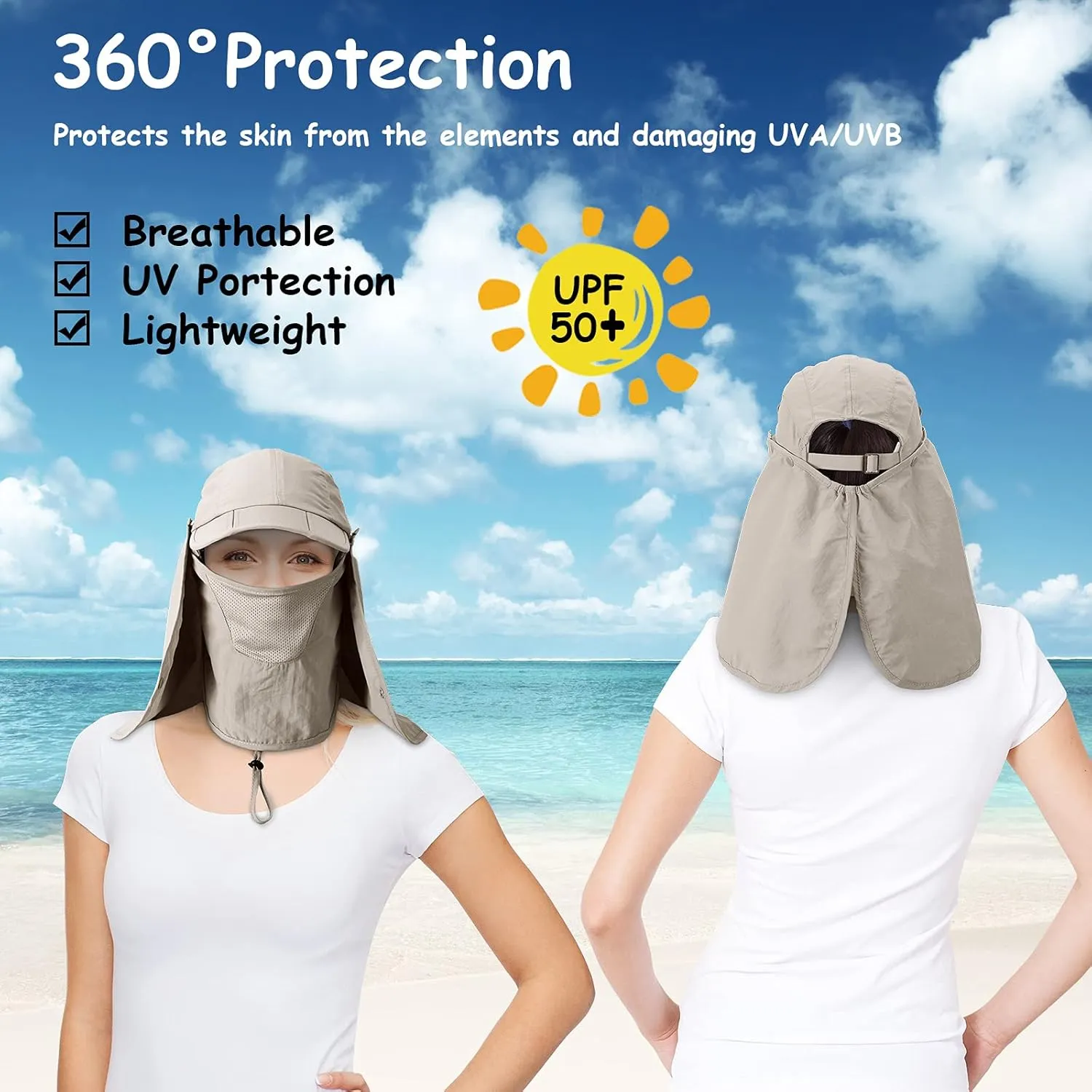 2 Pcs Sun Hats for Men Women UPF 50  Fishing Outdoor Hiking UV Protection Hat with Removable Neck Flap Face Mask
