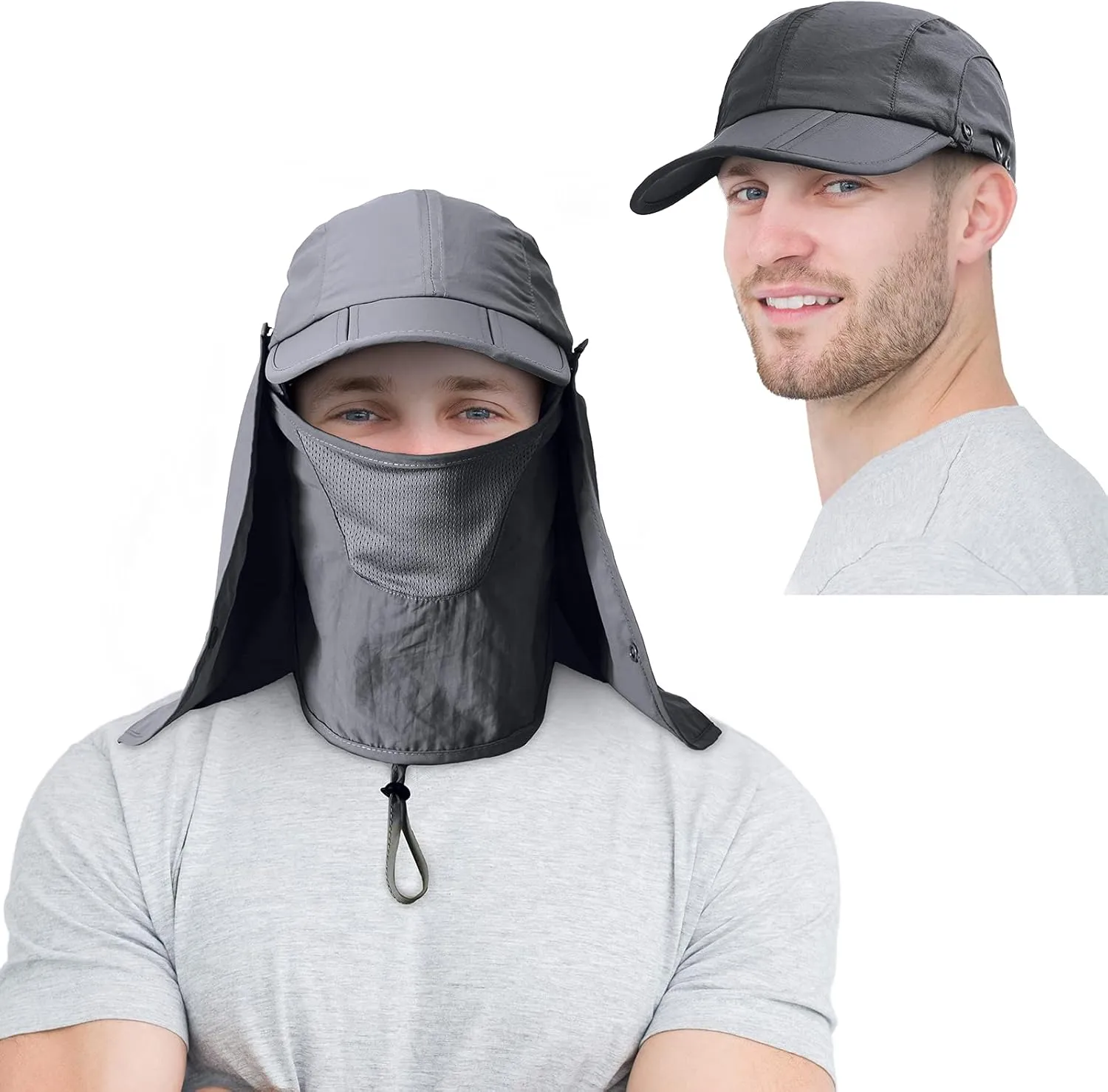 2 Pcs Sun Hats for Men Women UPF 50  Fishing Outdoor Hiking UV Protection Hat with Removable Neck Flap Face Mask
