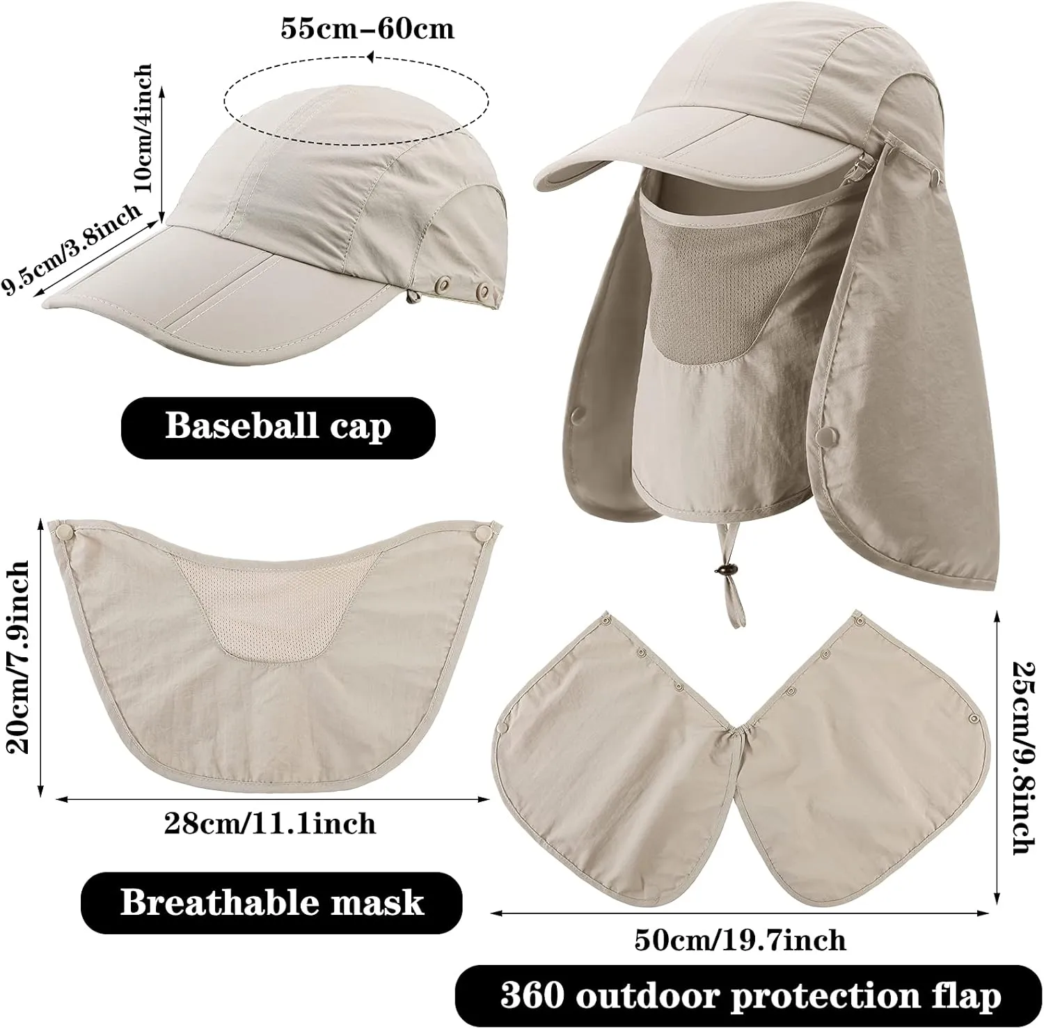 2 Pcs Sun Hats for Men Women UPF 50  Fishing Outdoor Hiking UV Protection Hat with Removable Neck Flap Face Mask