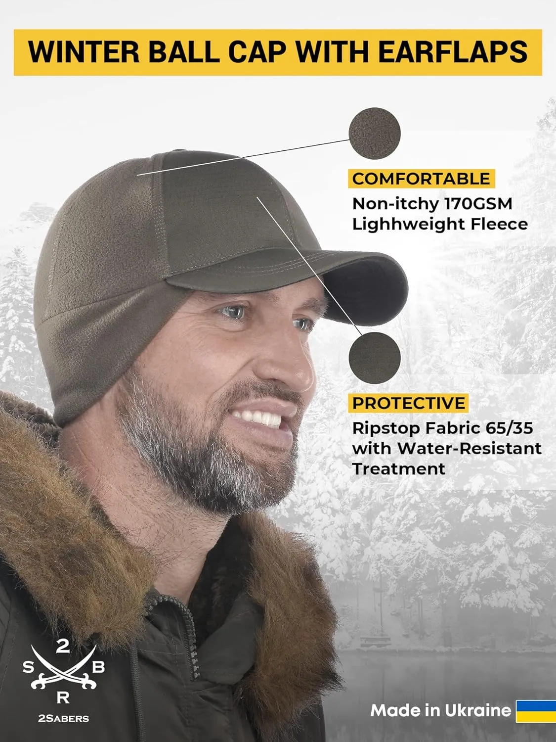 2SBR 2SABERS Mens Winter Hat with Earflaps and Visor - Warm Trucker Baseball Cap Hat