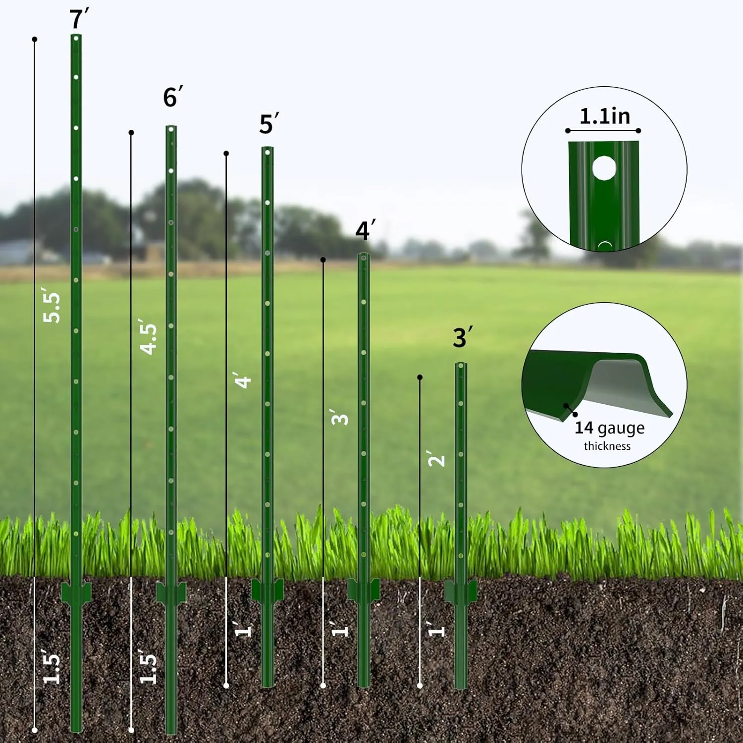 3-4-5-6-7 Feet Metal Fence Post,4 Feet 10 Pack Heavy Duty Garden Fence Post,Steel Fence Post with U-Channel,No Dig U Pointed Bottom Fence Posts,Corner Anchors for Yards,Lawns and Gardens