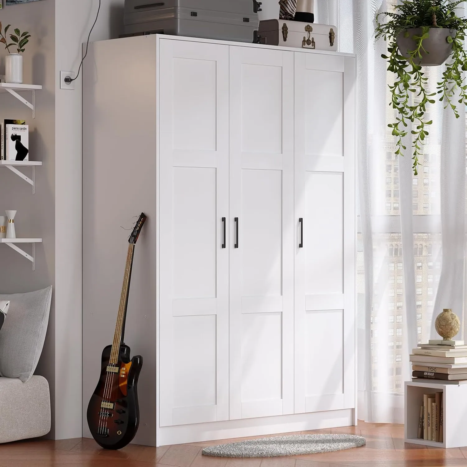 3 Doors Wooden Wardrobe Closet Armoire, White Storage Cabinet for Hanging Clothes, Bedroom Large Capacity Freestanding Armoire,Wood Wardrobe Combination with Shelves
