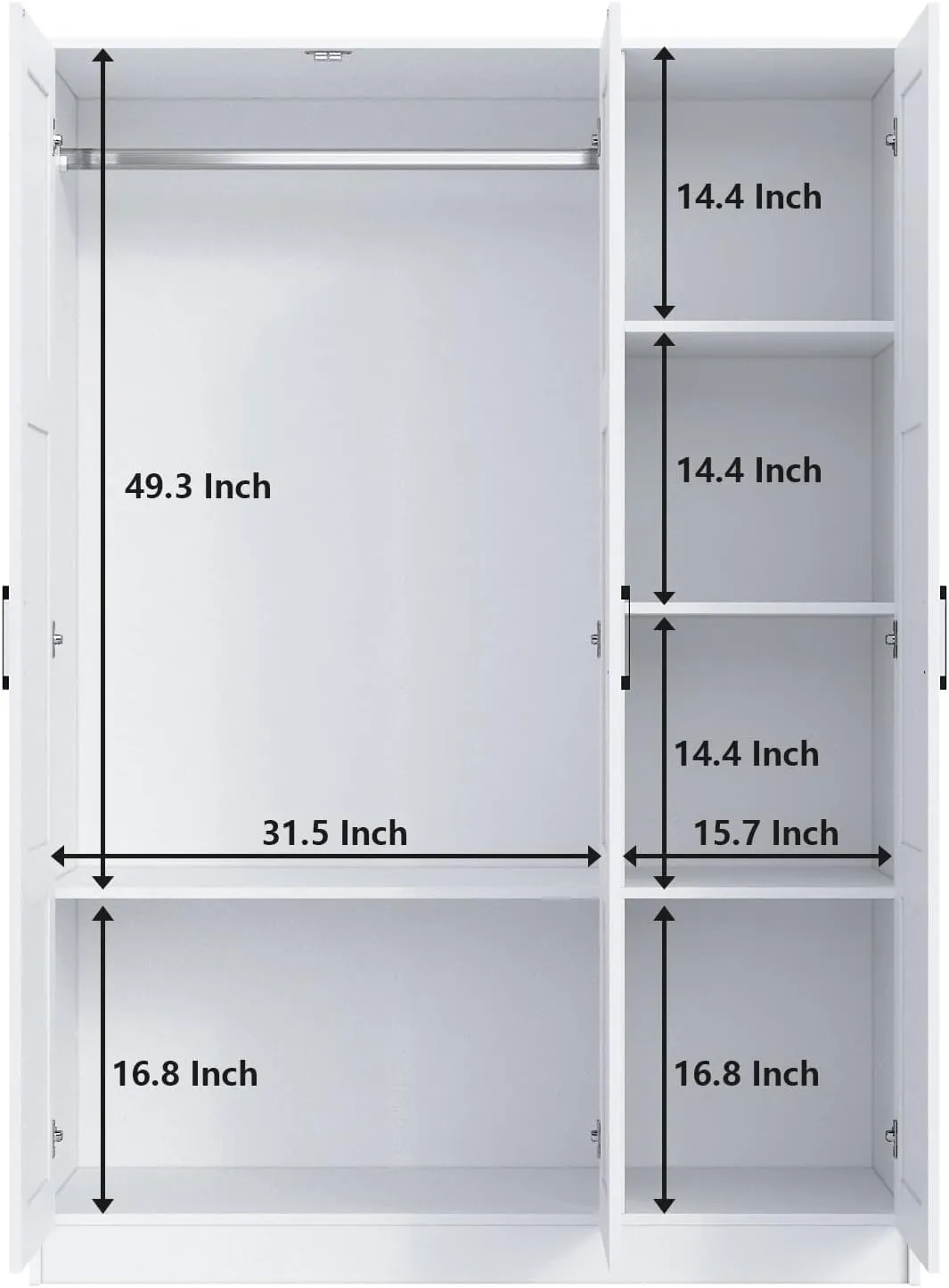 3 Doors Wooden Wardrobe Closet Armoire, White Storage Cabinet for Hanging Clothes, Bedroom Large Capacity Freestanding Armoire,Wood Wardrobe Combination with Shelves