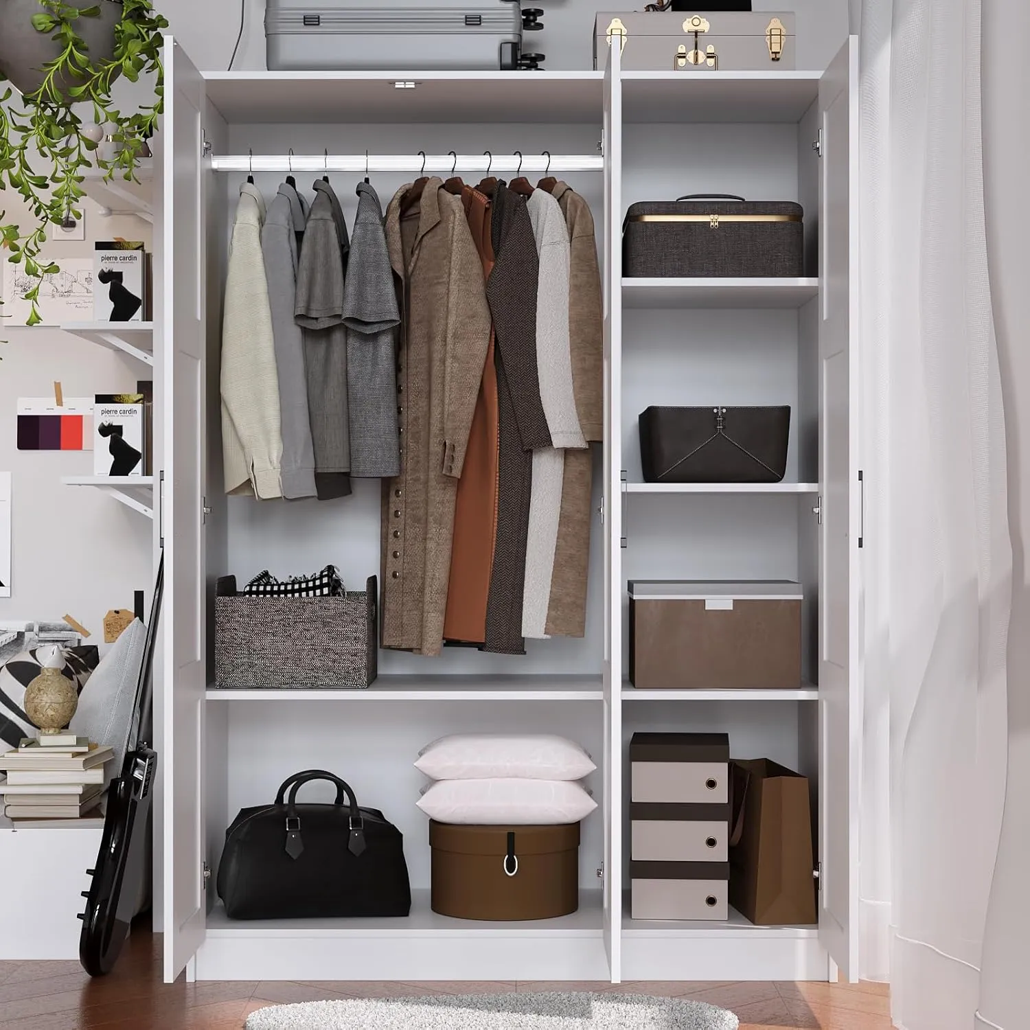 3 Doors Wooden Wardrobe Closet Armoire, White Storage Cabinet for Hanging Clothes, Bedroom Large Capacity Freestanding Armoire,Wood Wardrobe Combination with Shelves
