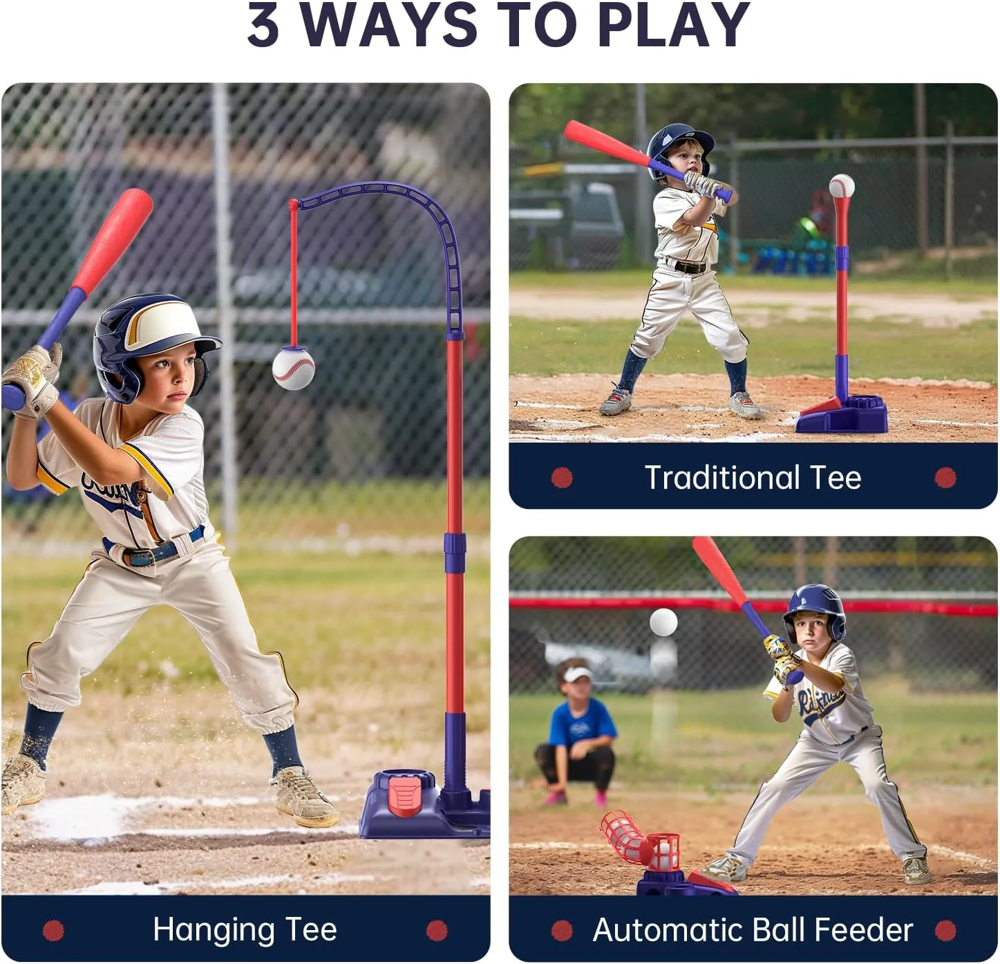 3-in-1 Kids Baseball Set for Ages 3-5/5-8, Batting Tee, Stand Tee, Pitching Machine with 6 Plastic Softballs & Bat, Adjustable Height, Indoor/Outdoor Backyard Sport Games Gifts for Boys & Girls, Blue