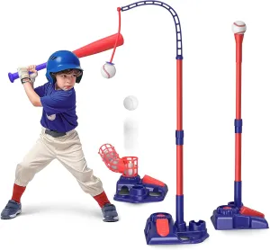 3-in-1 Kids Baseball Set for Ages 3-5/5-8, Batting Tee, Stand Tee, Pitching Machine with 6 Plastic Softballs & Bat, Adjustable Height, Indoor/Outdoor Backyard Sport Games Gifts for Boys & Girls, Blue