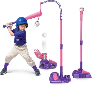 3-in-1 Kids Baseball Set for Ages 3-5/5-8, Batting Tee, Stand Tee, Pitching Machine with 6 Plastic Softballs & Bat, Adjustable Height, Indoor/Outdoor Backyard Sport Games Gifts for Boys & Girls, Pink