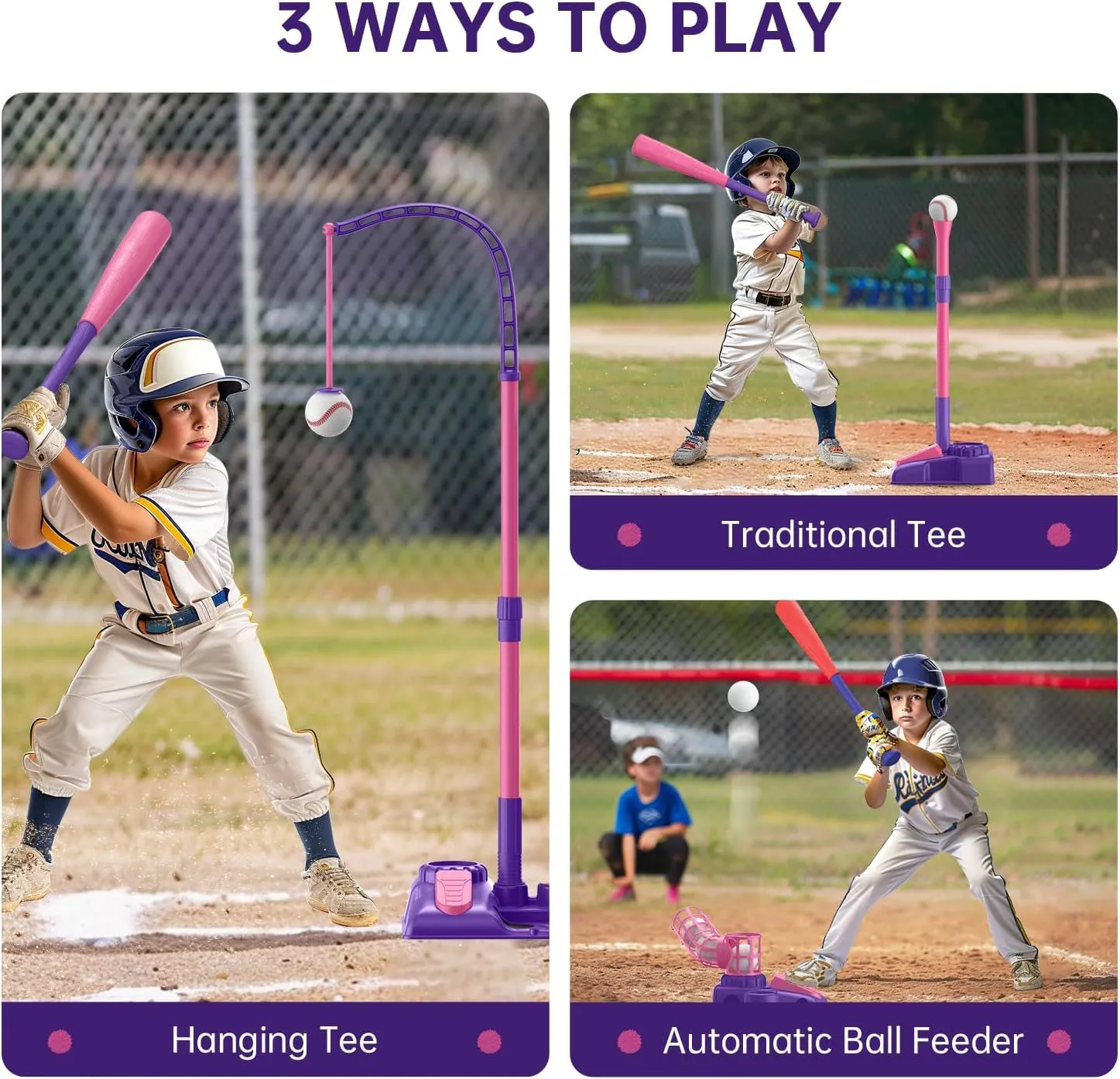 3-in-1 Kids Baseball Set for Ages 3-5/5-8, Batting Tee, Stand Tee, Pitching Machine with 6 Plastic Softballs & Bat, Adjustable Height, Indoor/Outdoor Backyard Sport Games Gifts for Boys & Girls, Pink