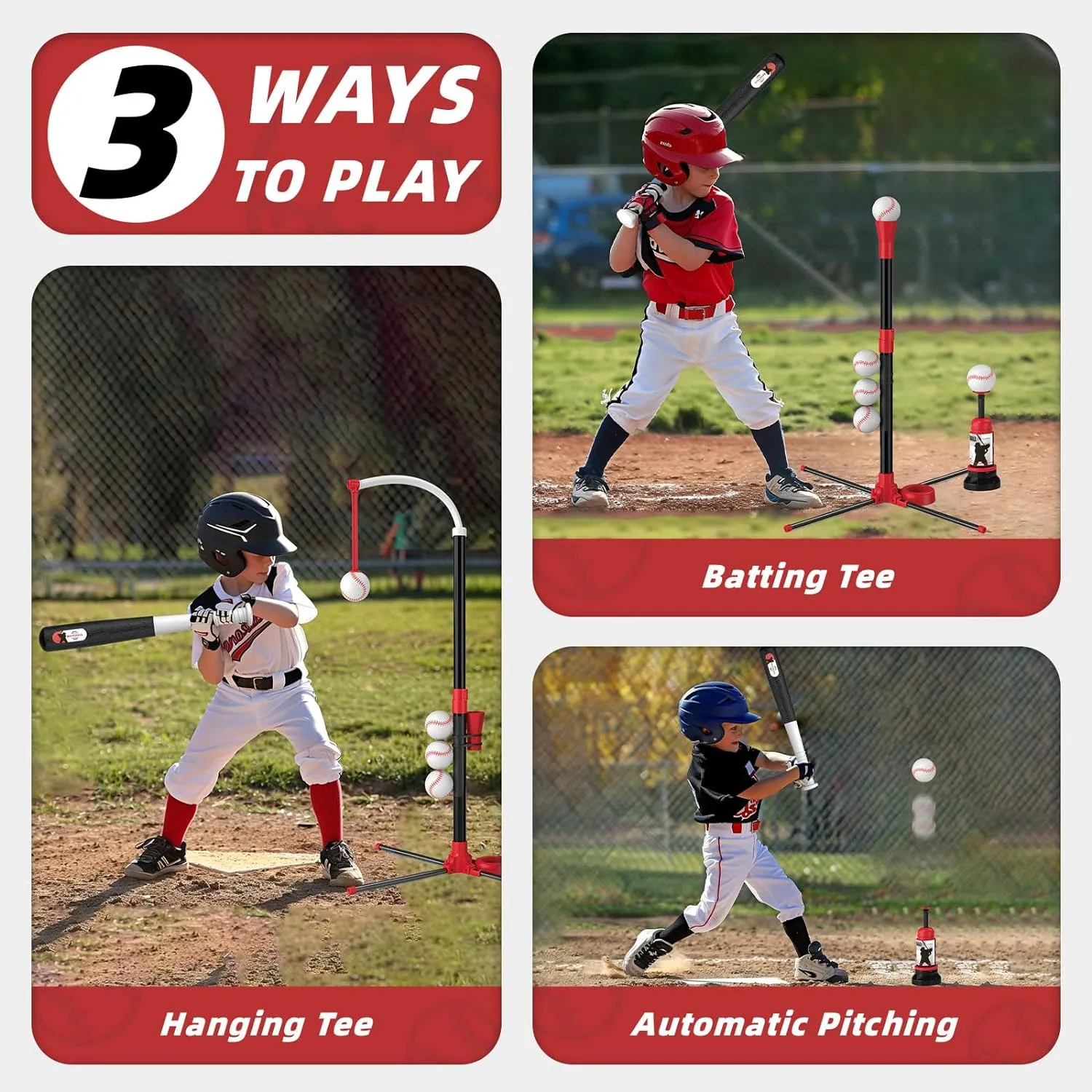 3-in-1 T Ball Set - Adjustable Height, Hanging Tee Ball Set with Automatic Pitching Machine/6 Balls/Retractable Bat, TBall Stand Suit for Outdoor, Sport Toys Gifts for Kids Boys Age 3 
