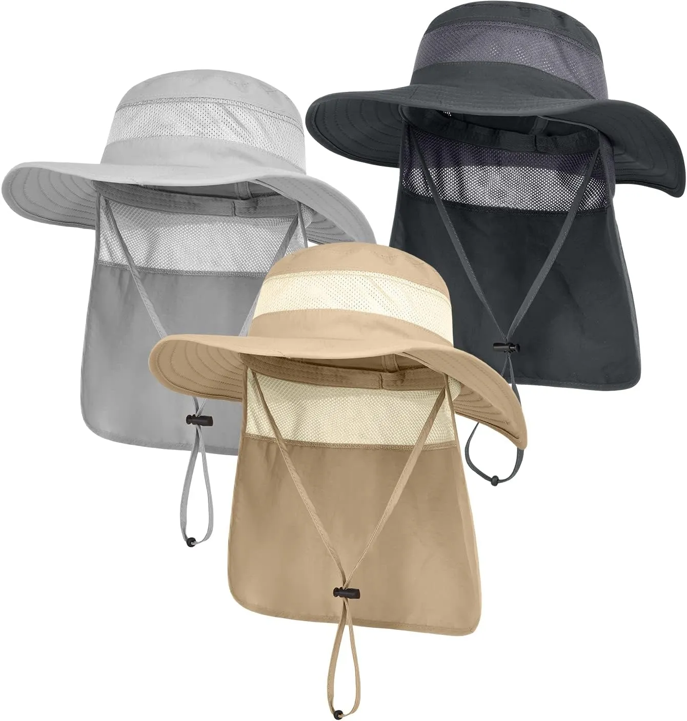 3 Pack Mens UPF 50  Wide Brim Sun Hat with Neck Flap for Fishing Hiking Garden